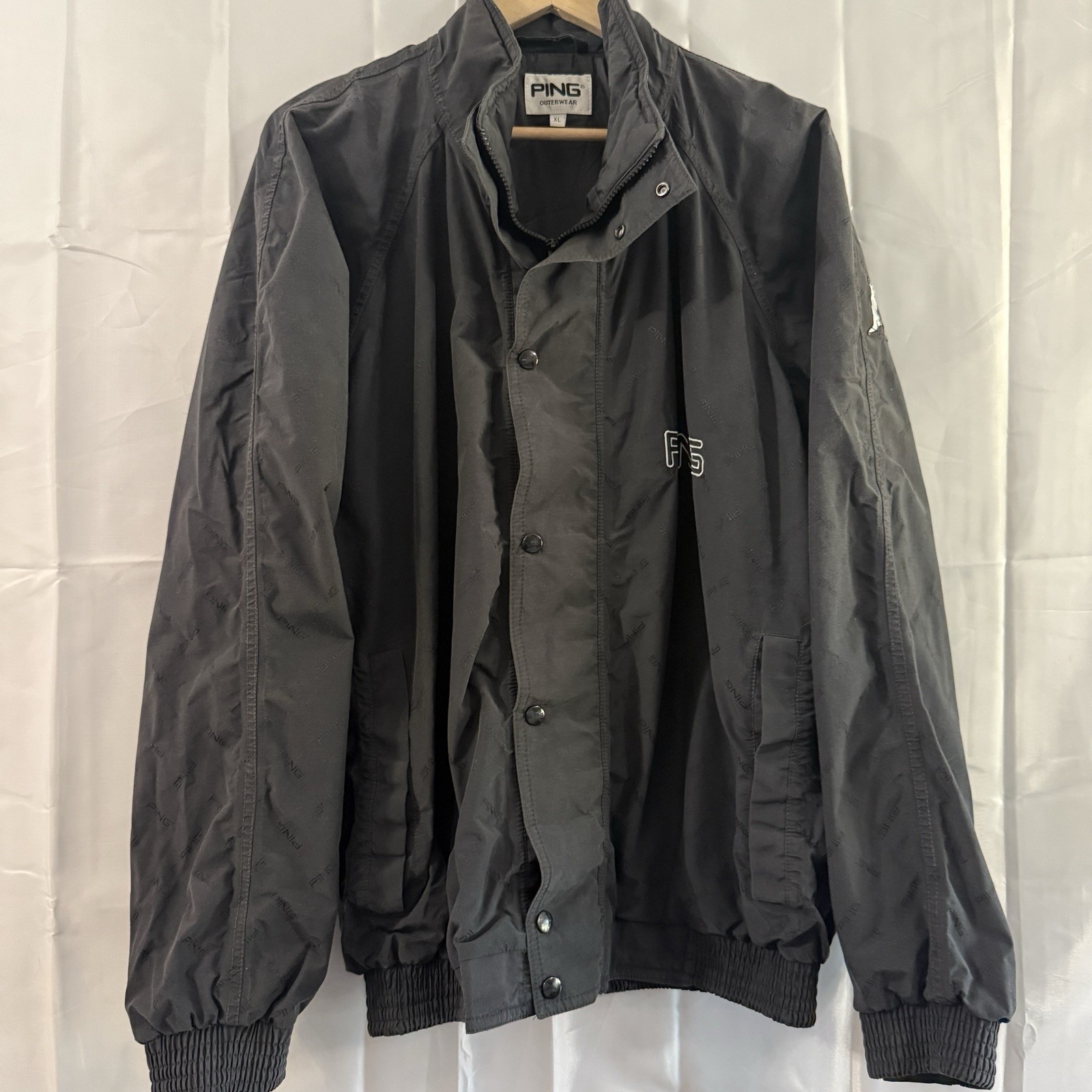 Vintage 90s Ping Mens Black Full Zip All Over Print Golf Logo Jacket Rare Xl